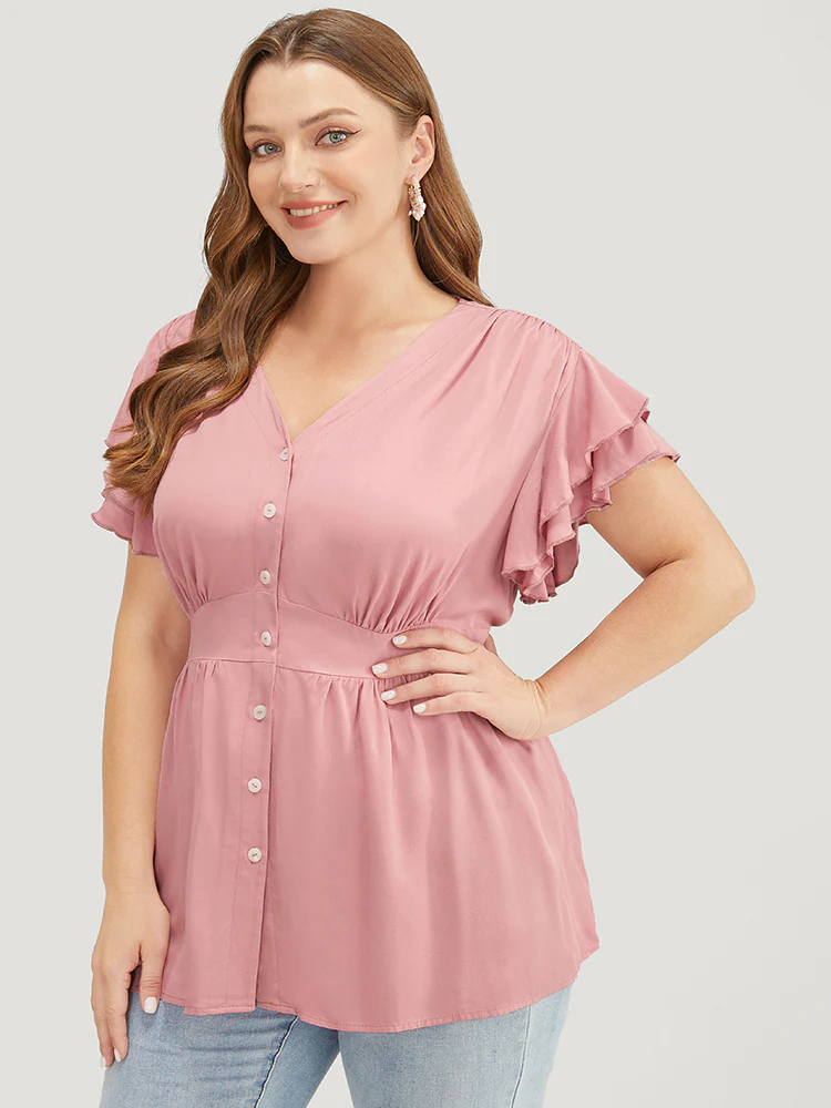Solid Ruffle Tiered Sleeve Gathered Button Up Blouse - Image 7