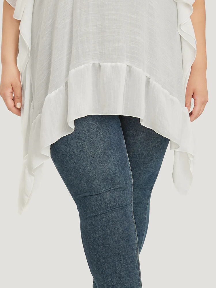 Solid Ruffle Trim Dolman Sleeve Lace Asymmetrical Hem Knit Top - Image 10