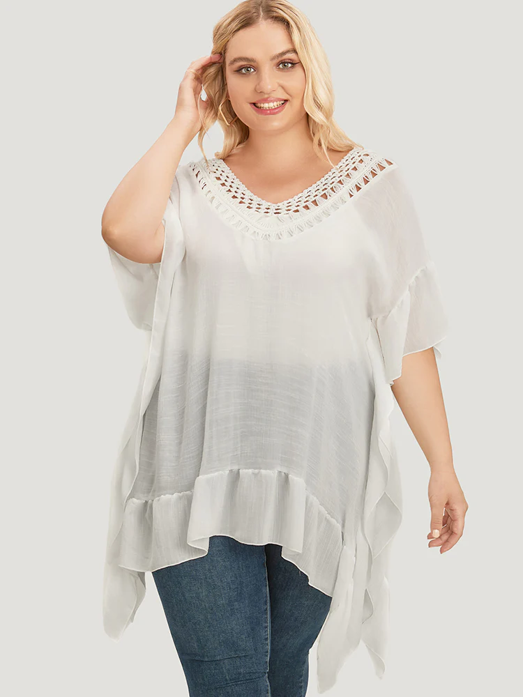 Solid Ruffle Trim Dolman Sleeve Lace Asymmetrical Hem Knit Top - Image 2