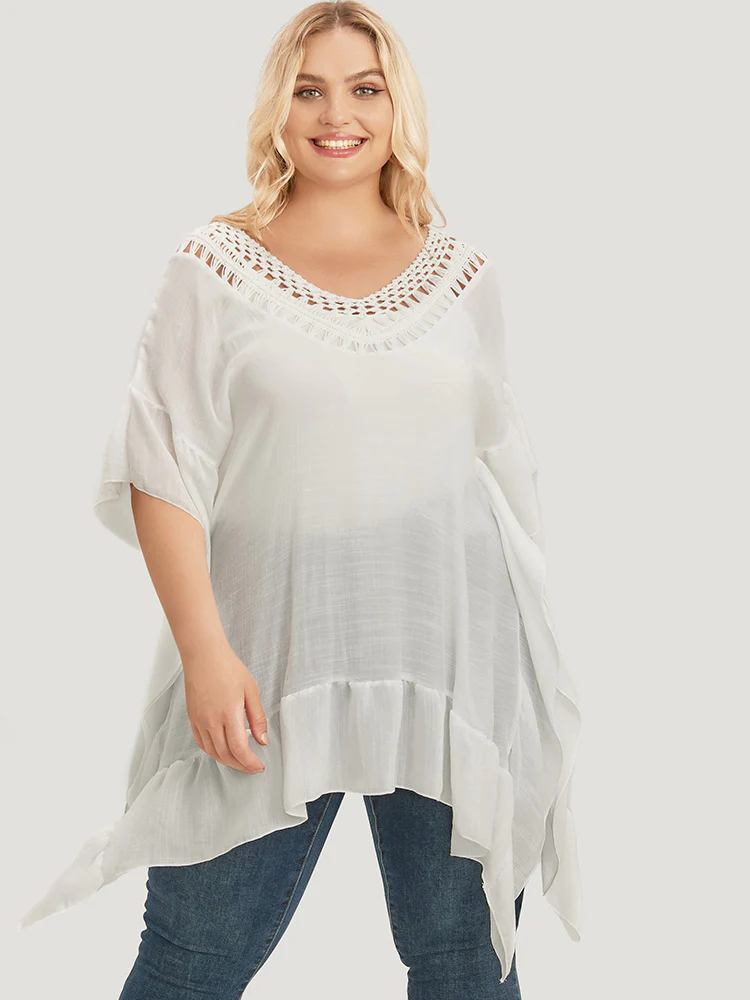 Solid Ruffle Trim Dolman Sleeve Lace Asymmetrical Hem Knit Top - Image 3