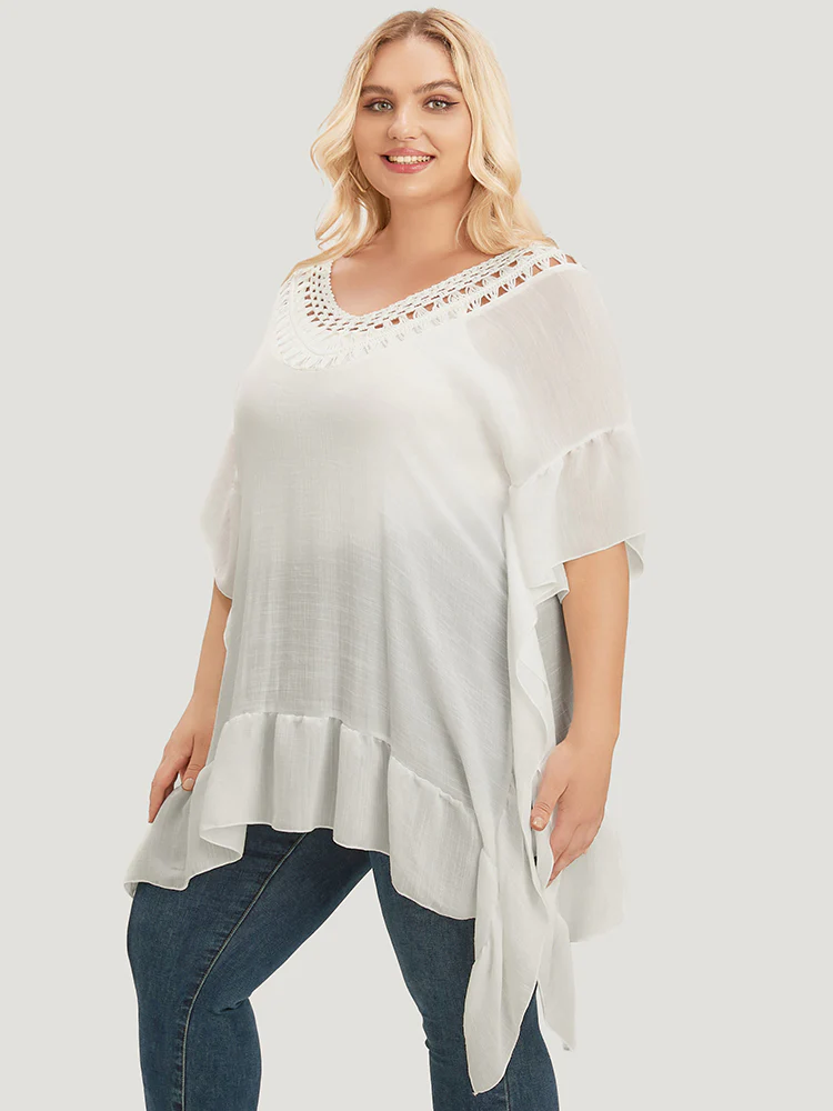 Solid Ruffle Trim Dolman Sleeve Lace Asymmetrical Hem Knit Top - Image 4