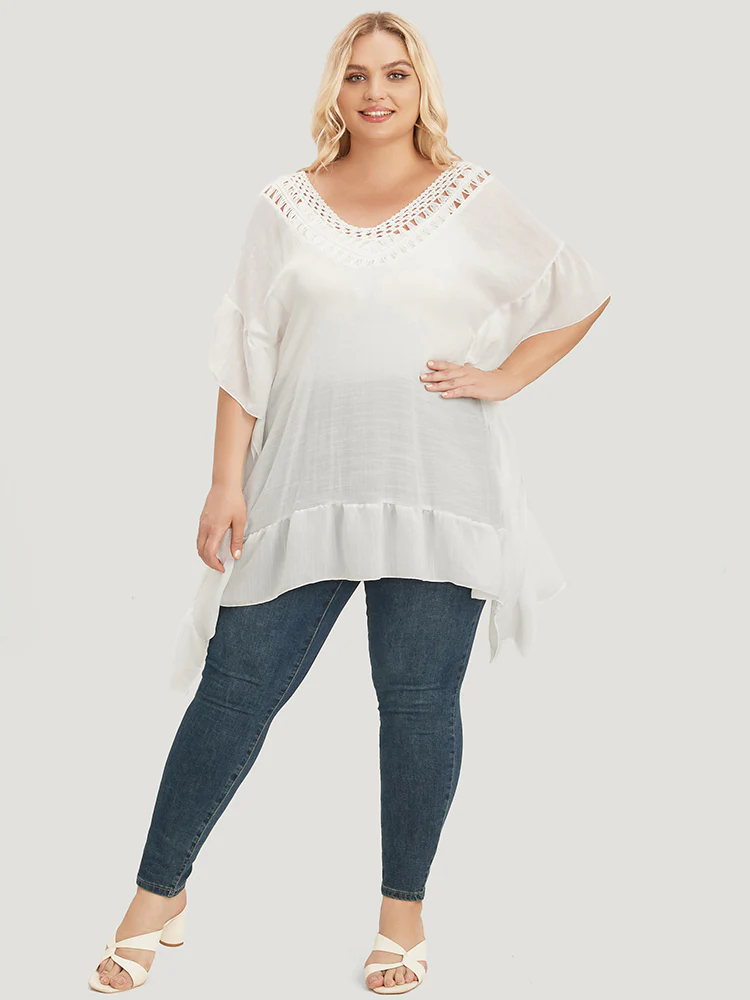 Solid Ruffle Trim Dolman Sleeve Lace Asymmetrical Hem Knit Top - Image 5