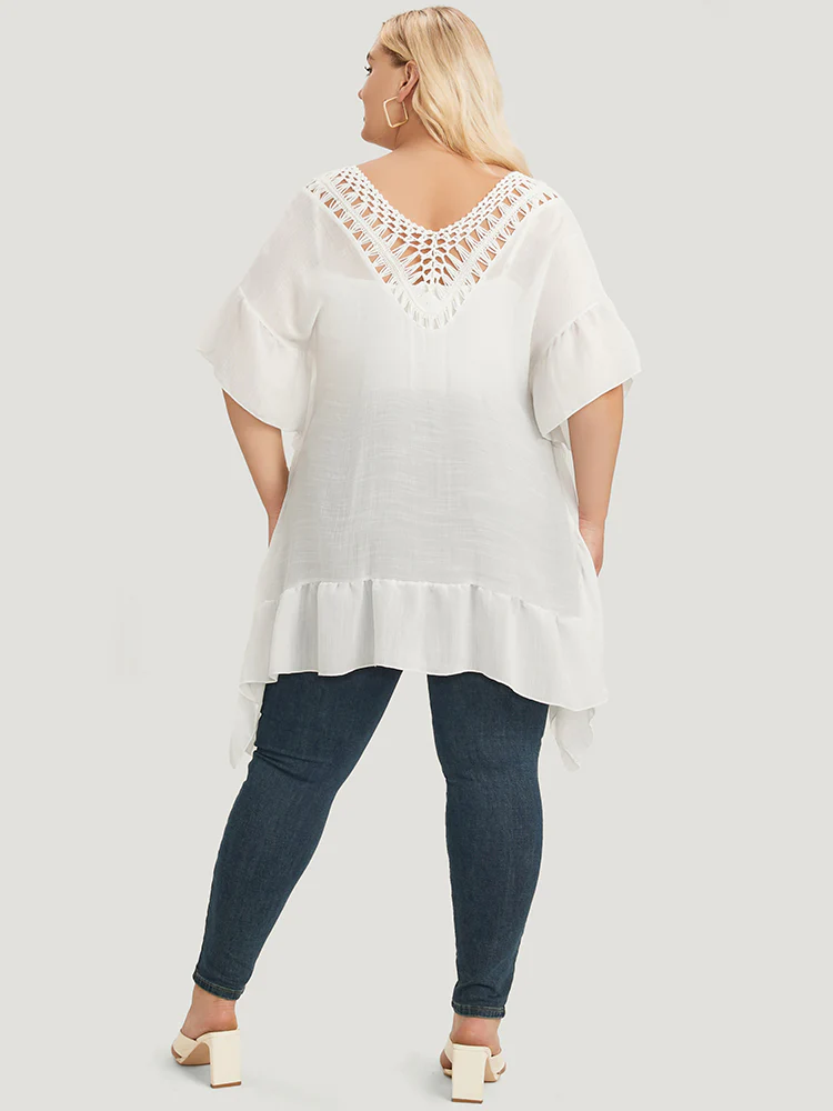 Solid Ruffle Trim Dolman Sleeve Lace Asymmetrical Hem Knit Top - Image 6