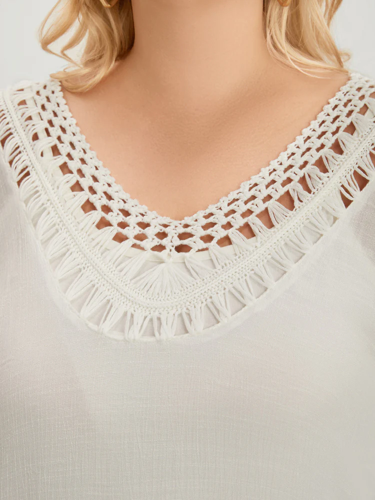 Solid Ruffle Trim Dolman Sleeve Lace Asymmetrical Hem Knit Top - Image 7