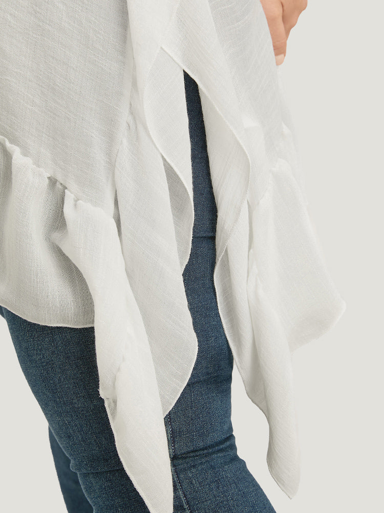 Solid Ruffle Trim Dolman Sleeve Lace Asymmetrical Hem Knit Top - Image 8