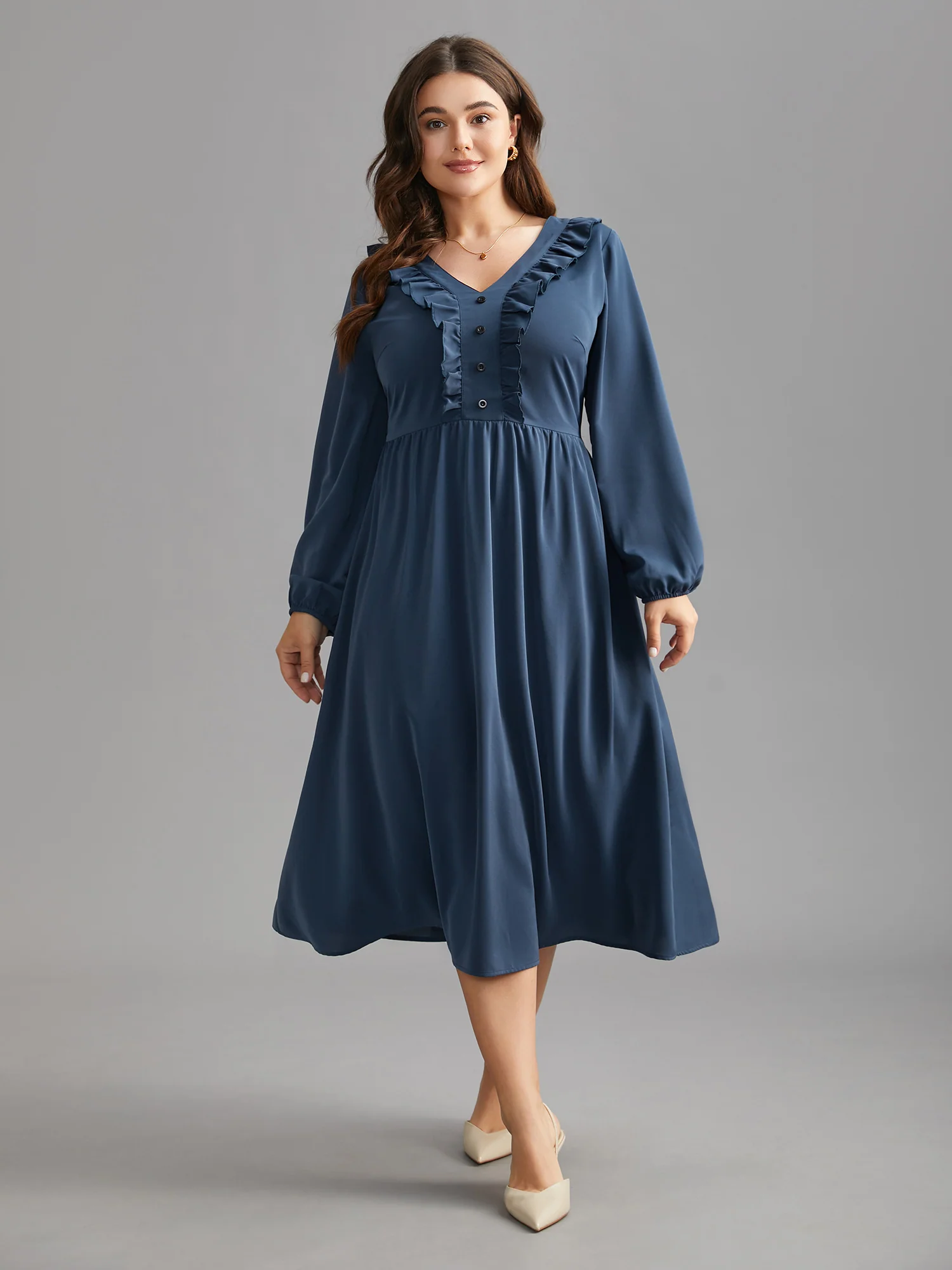 Solid Ruffle Trim Elastic Waist Midi Dress - Image 2