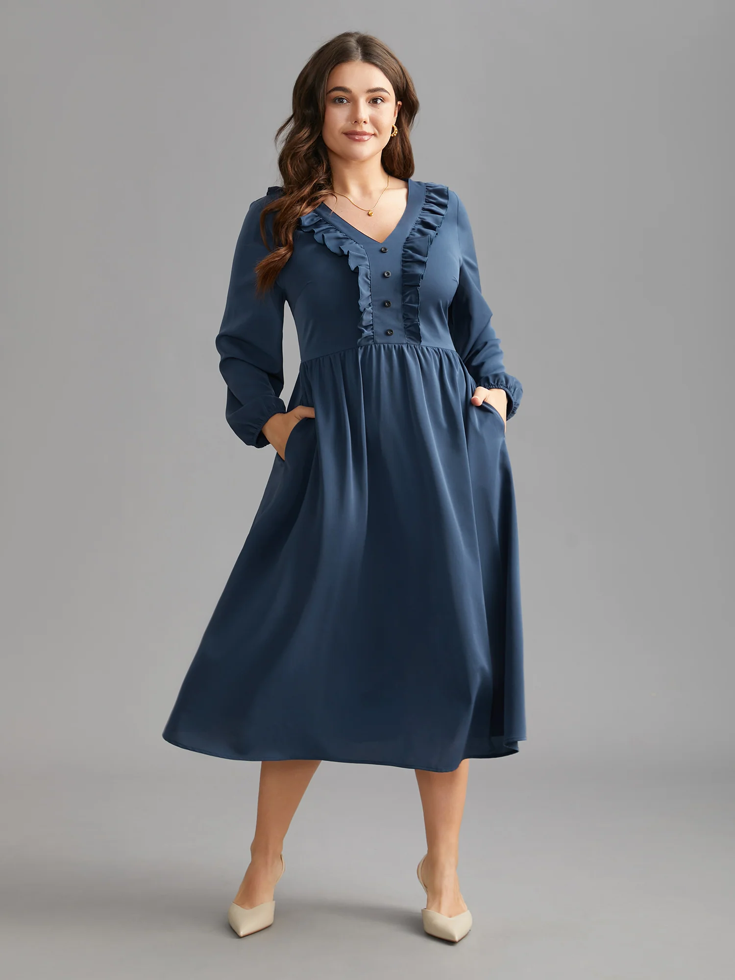 Solid Ruffle Trim Elastic Waist Midi Dress - Image 3