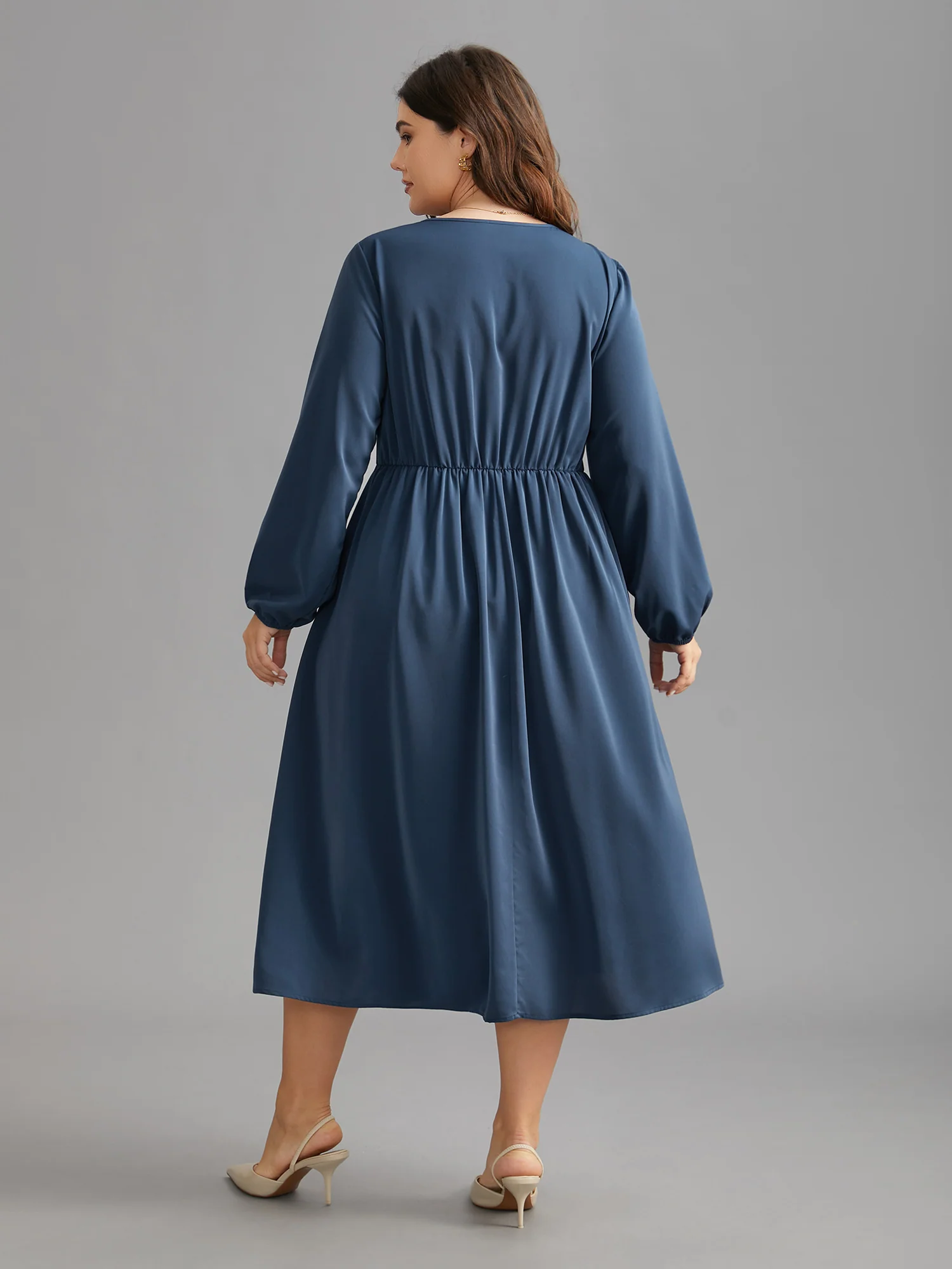 Solid Ruffle Trim Elastic Waist Midi Dress - Image 4