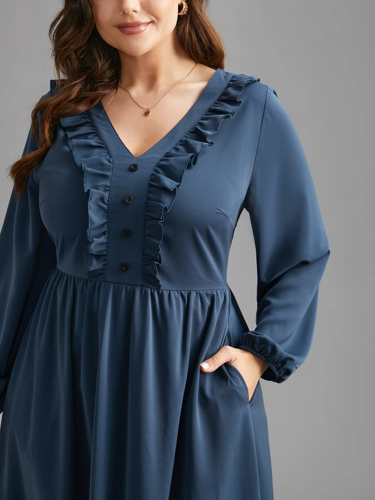 Solid Ruffle Trim Elastic Waist Midi Dress - Image 5