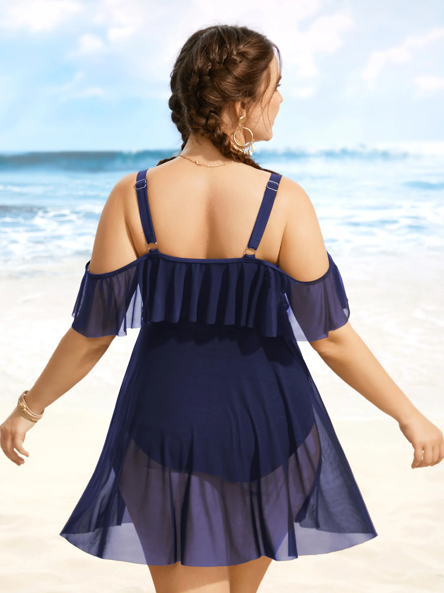 Solid Ruffle Trim Patchwork Mesh Swim Dress - Image 2