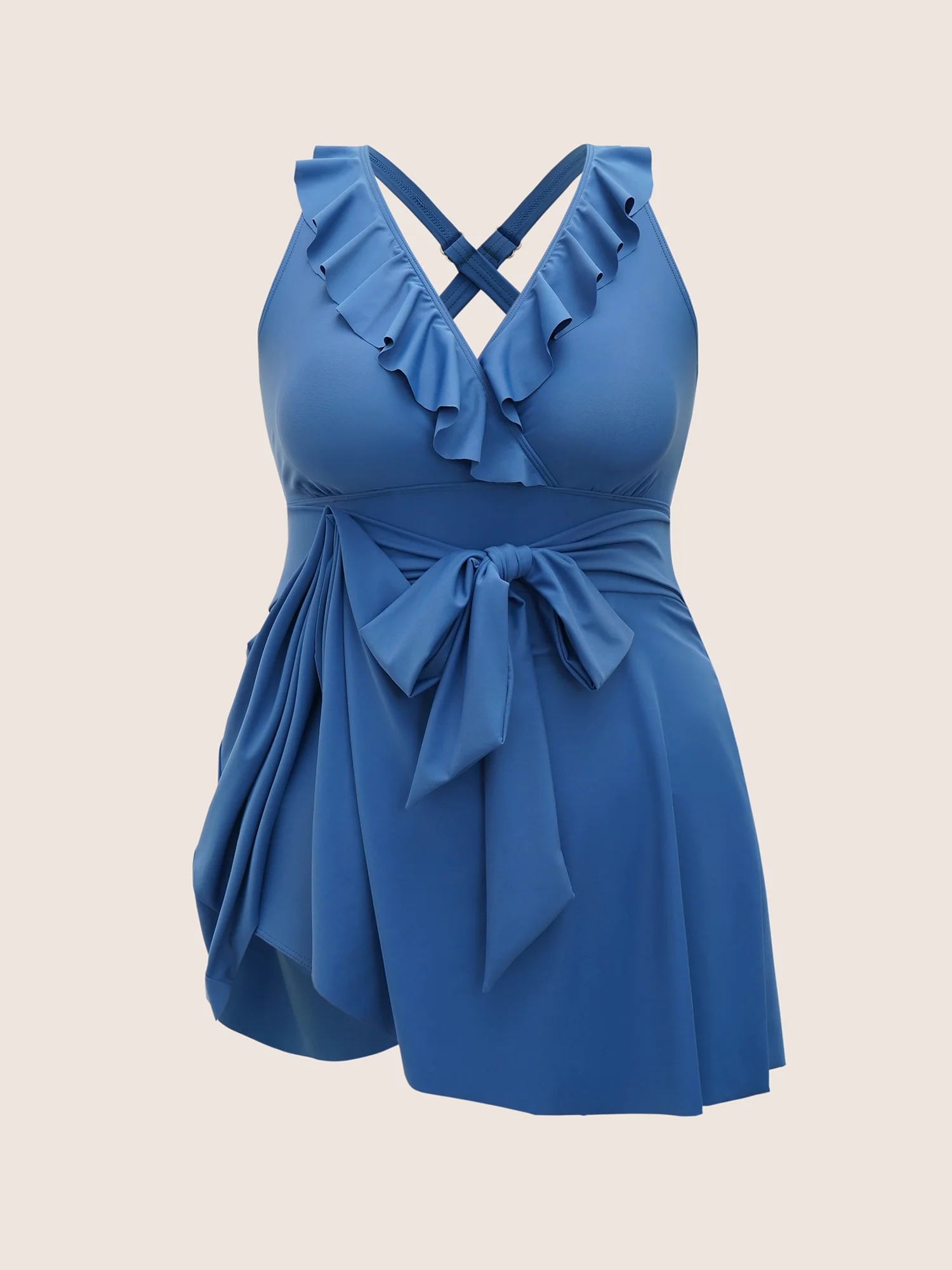 Solid Ruffle Trim Tie Knot Swim Dress - Image 6