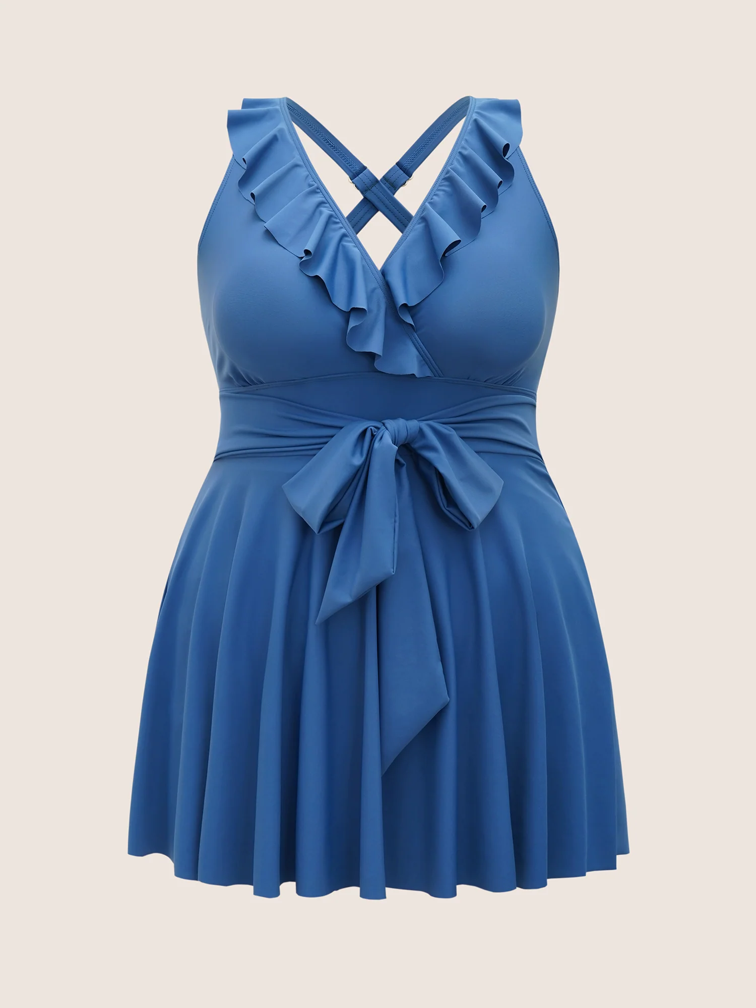 Solid Ruffle Trim Tie Knot Swim Dress - Image 7