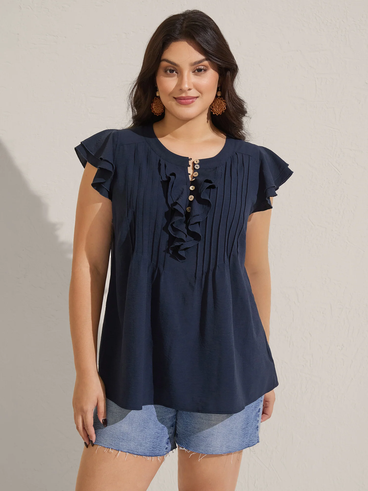 Solid Ruffle Trim Toothpick Pleat Blouse - Image 2