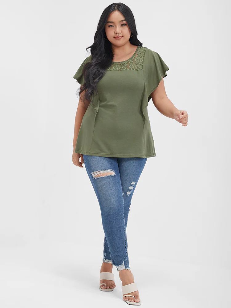 Solid Ruffled Crochet Lace Round Neck T-shirt - Image 3