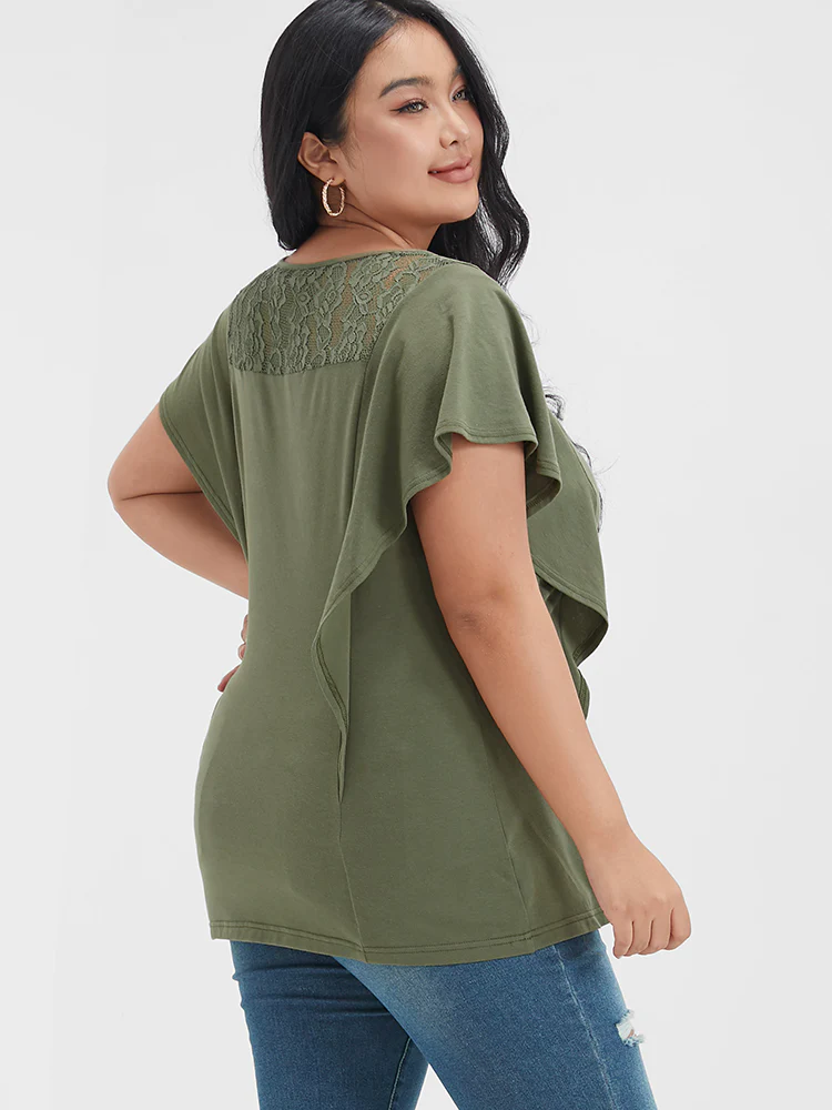 Solid Ruffled Crochet Lace Round Neck T-shirt - Image 4
