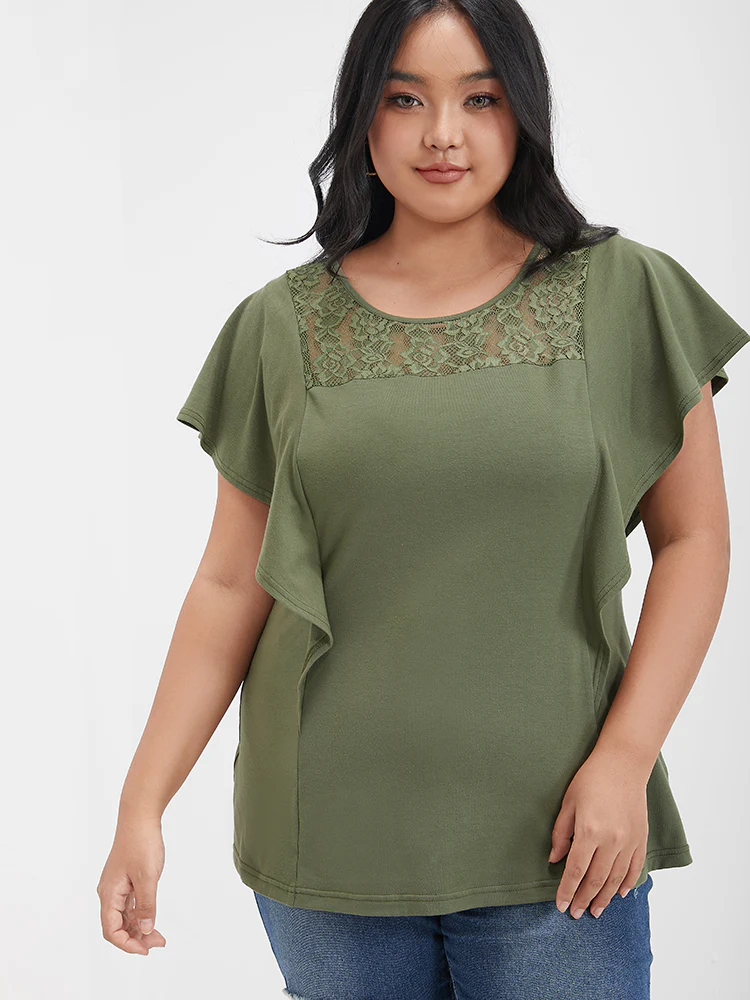 Solid Ruffled Crochet Lace Round Neck T-shirt - Image 5