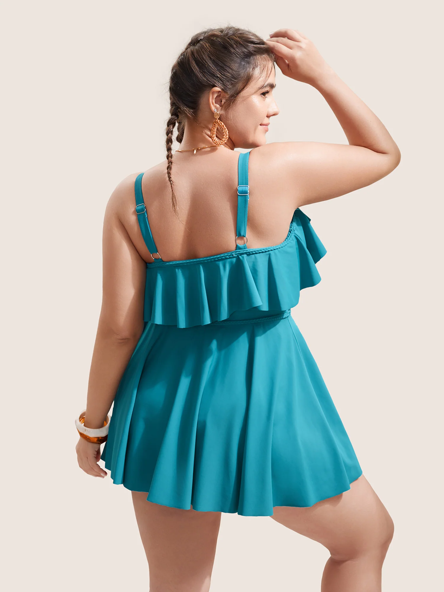 Solid Ruffles Trim Adjustable Straps Swim Dress - Image 2