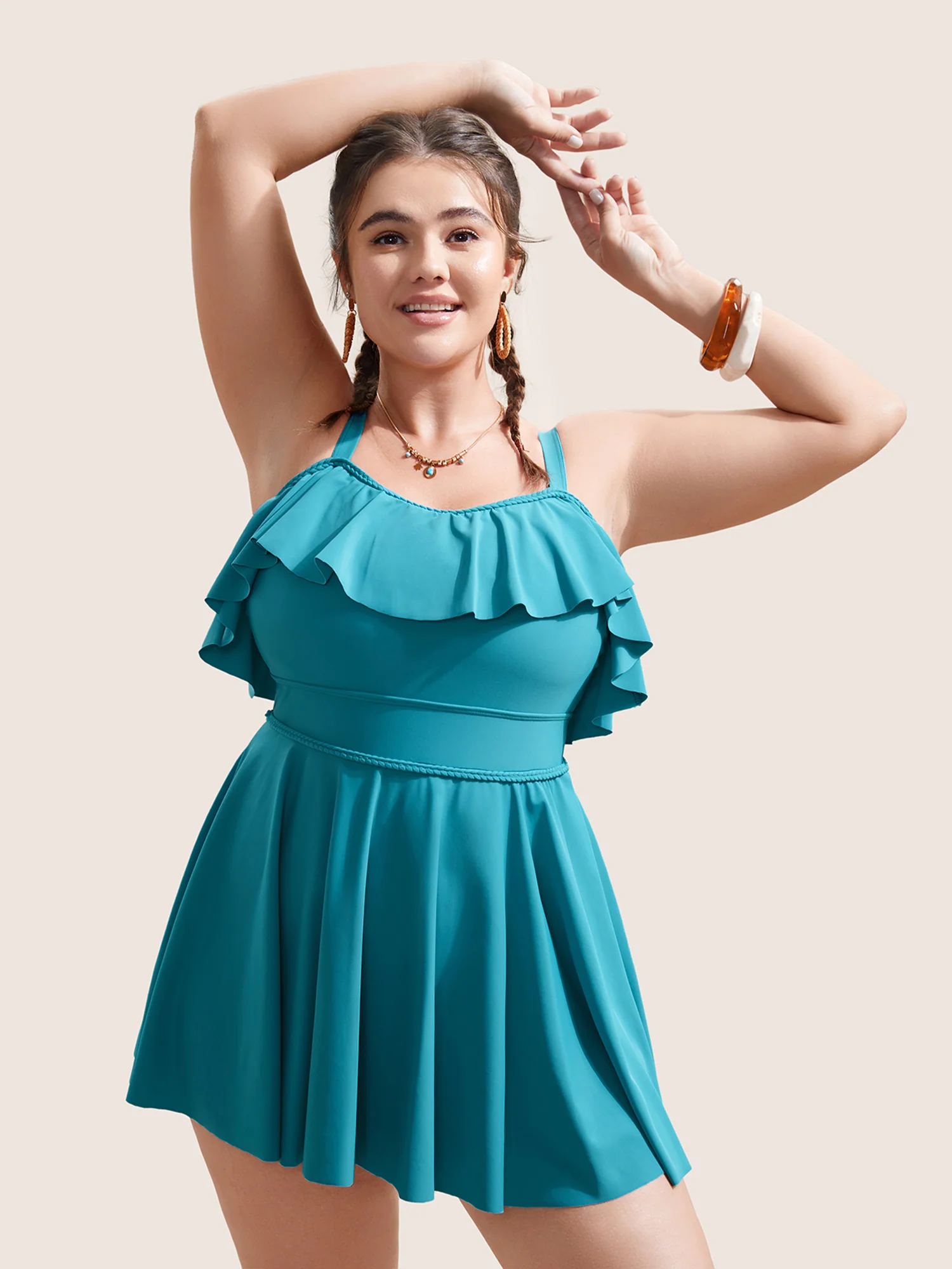 Solid Ruffles Trim Adjustable Straps Swim Dress - Image 3