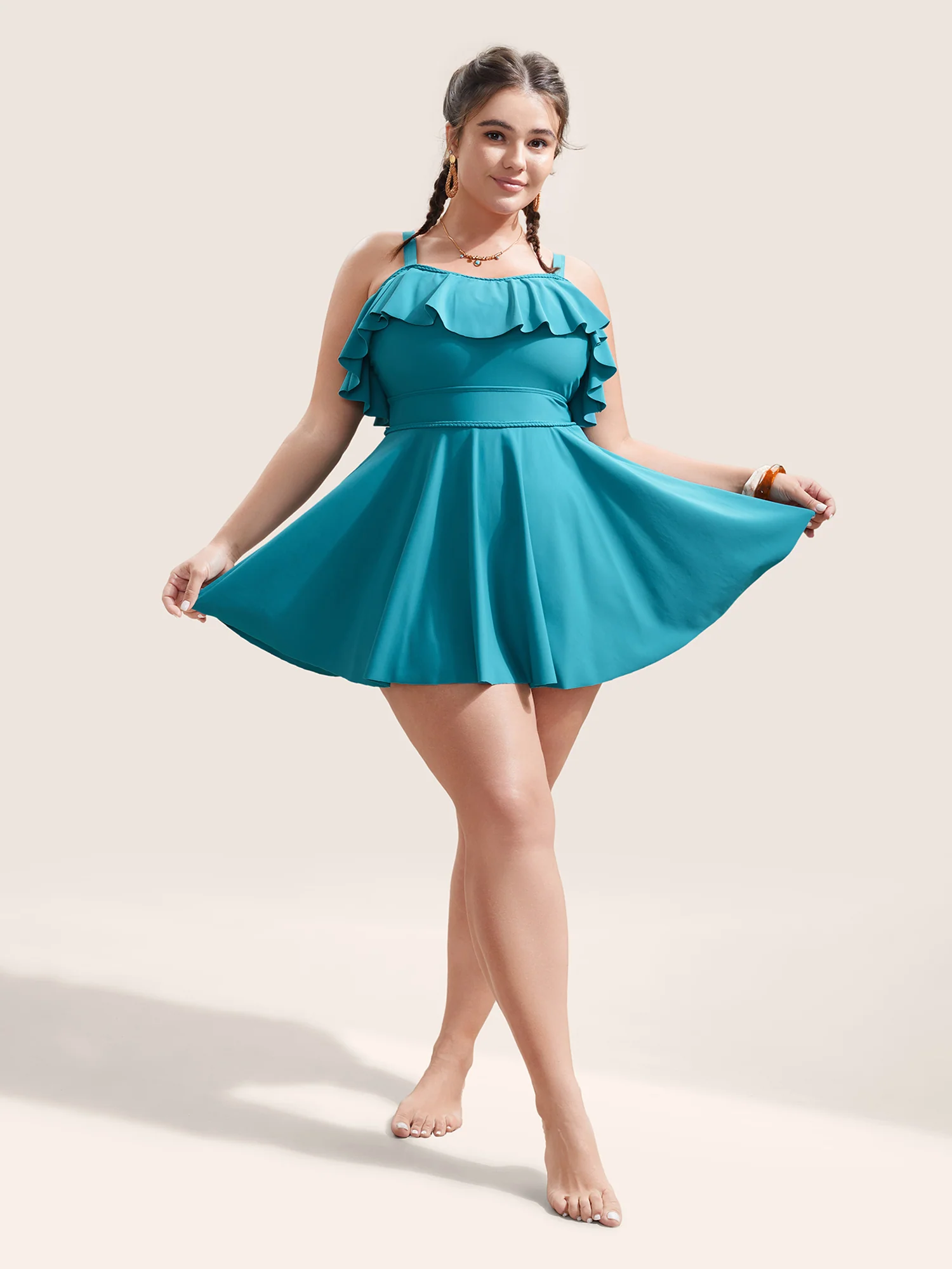 Solid Ruffles Trim Adjustable Straps Swim Dress - Image 4