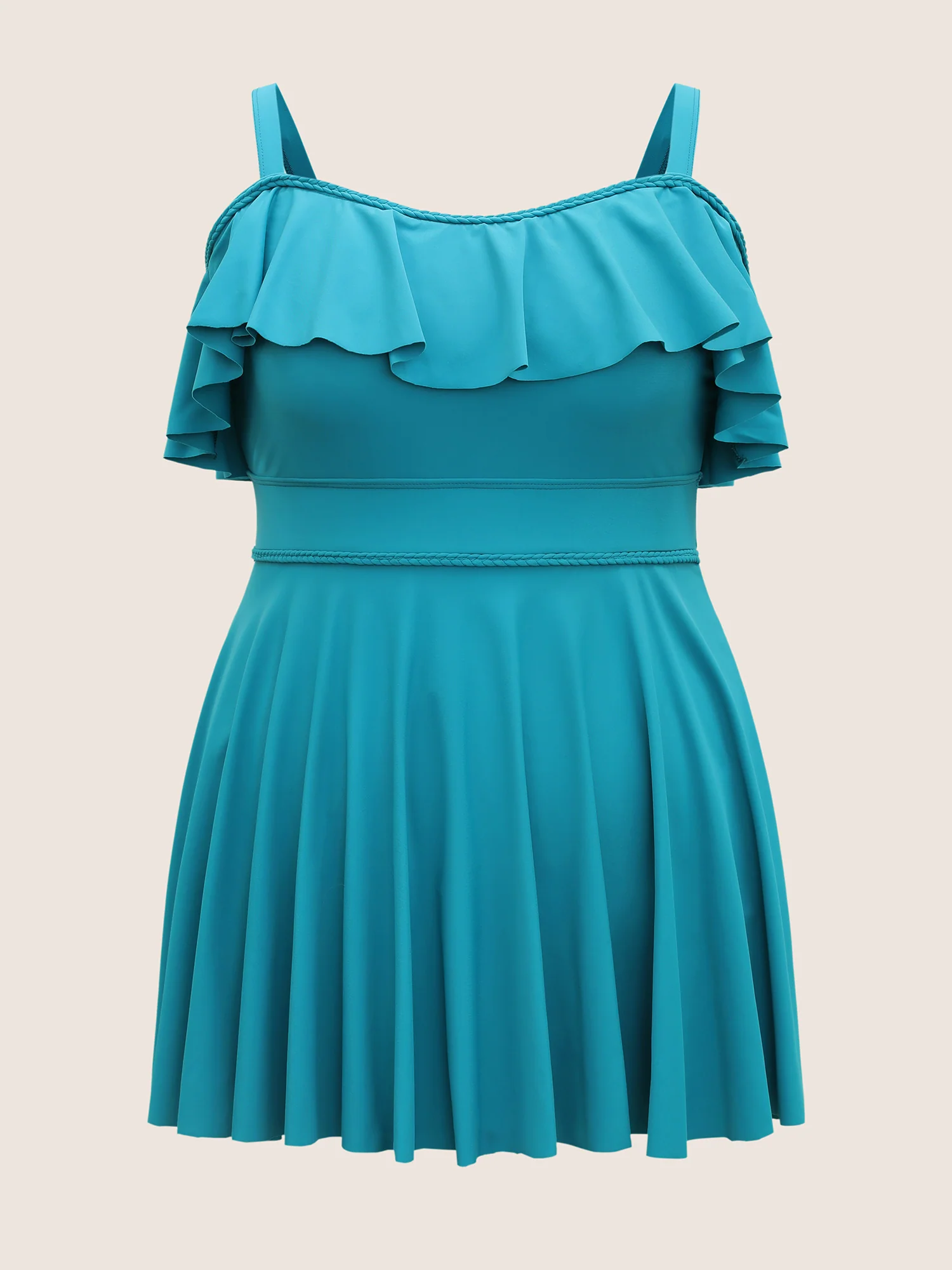 Solid Ruffles Trim Adjustable Straps Swim Dress - Image 8