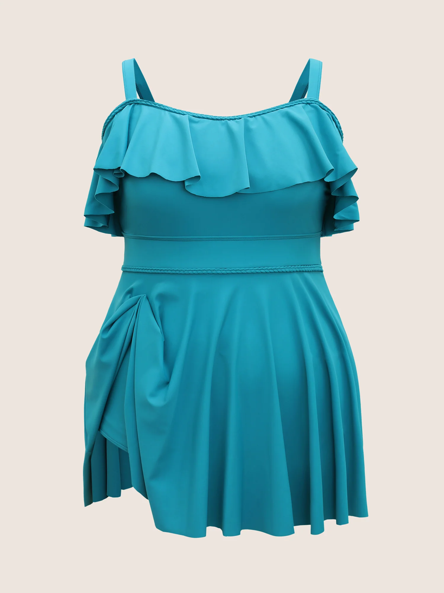 Solid Ruffles Trim Adjustable Straps Swim Dress - Image 9