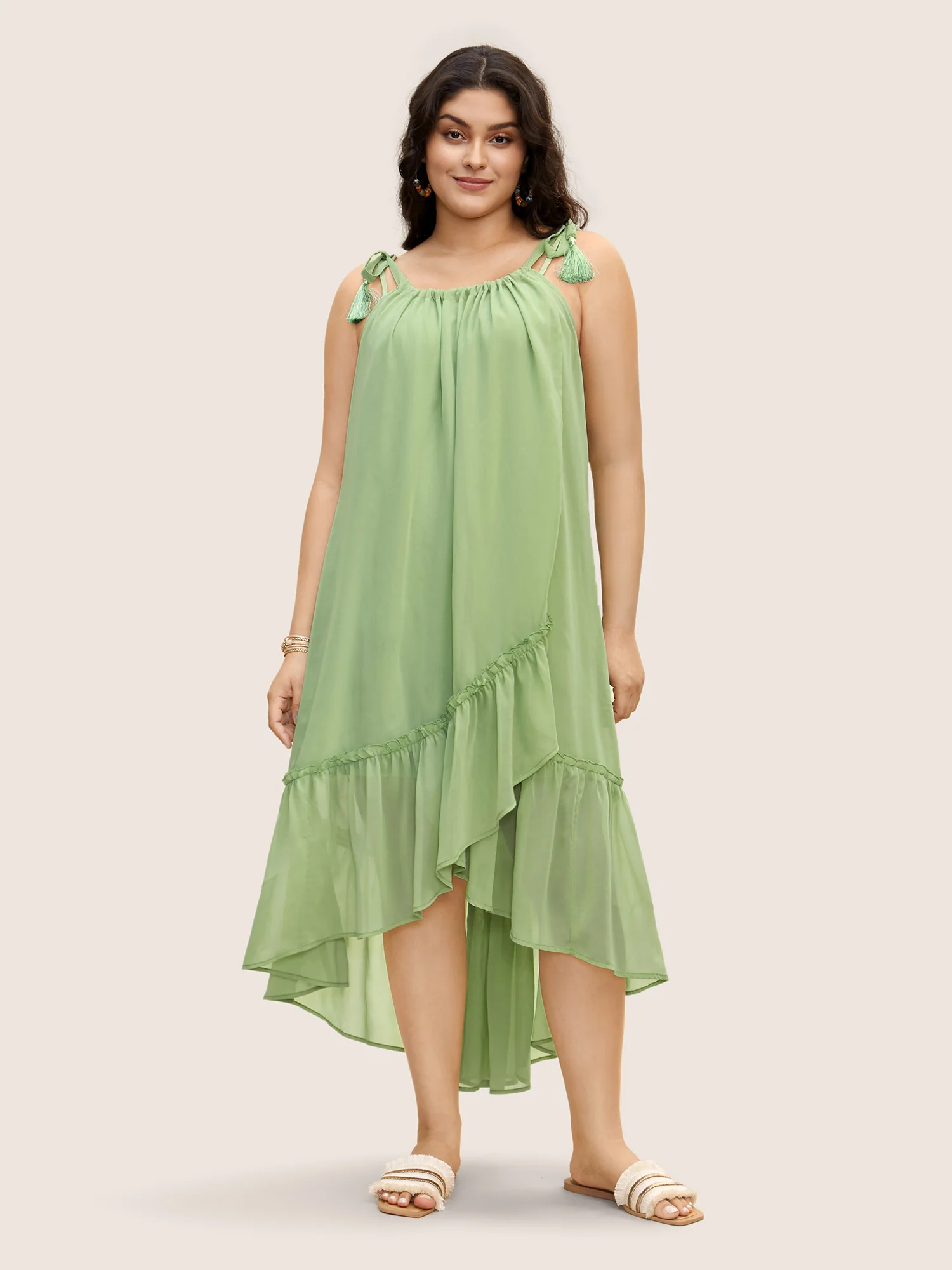 Solid Ruffles Tie Knot Tassel Trim Mesh Dress - Image 2