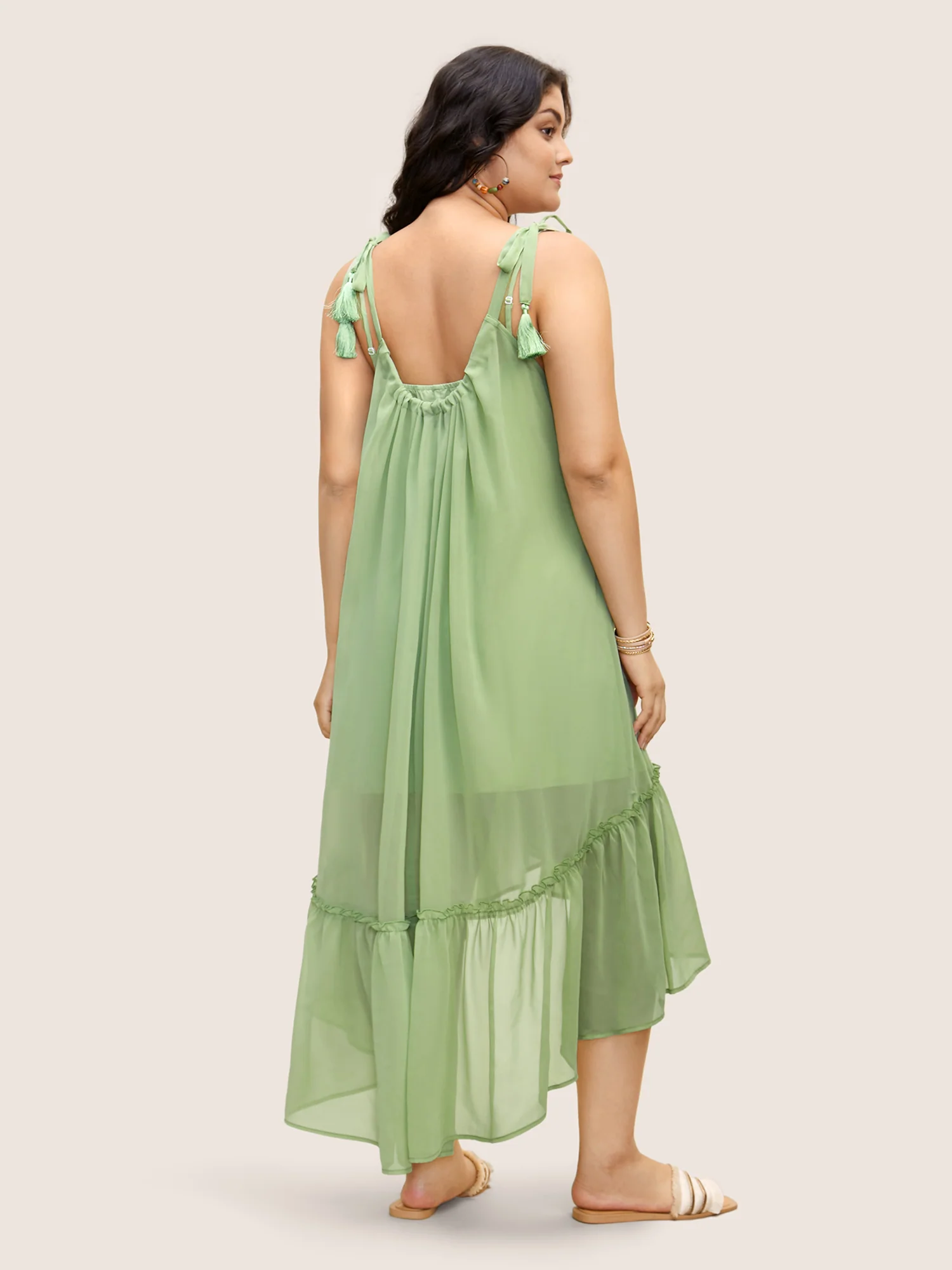 Solid Ruffles Tie Knot Tassel Trim Mesh Dress - Image 3