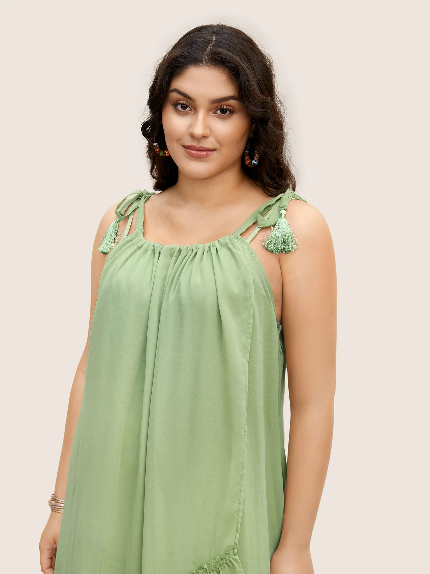 Solid Ruffles Tie Knot Tassel Trim Mesh Dress - Image 4