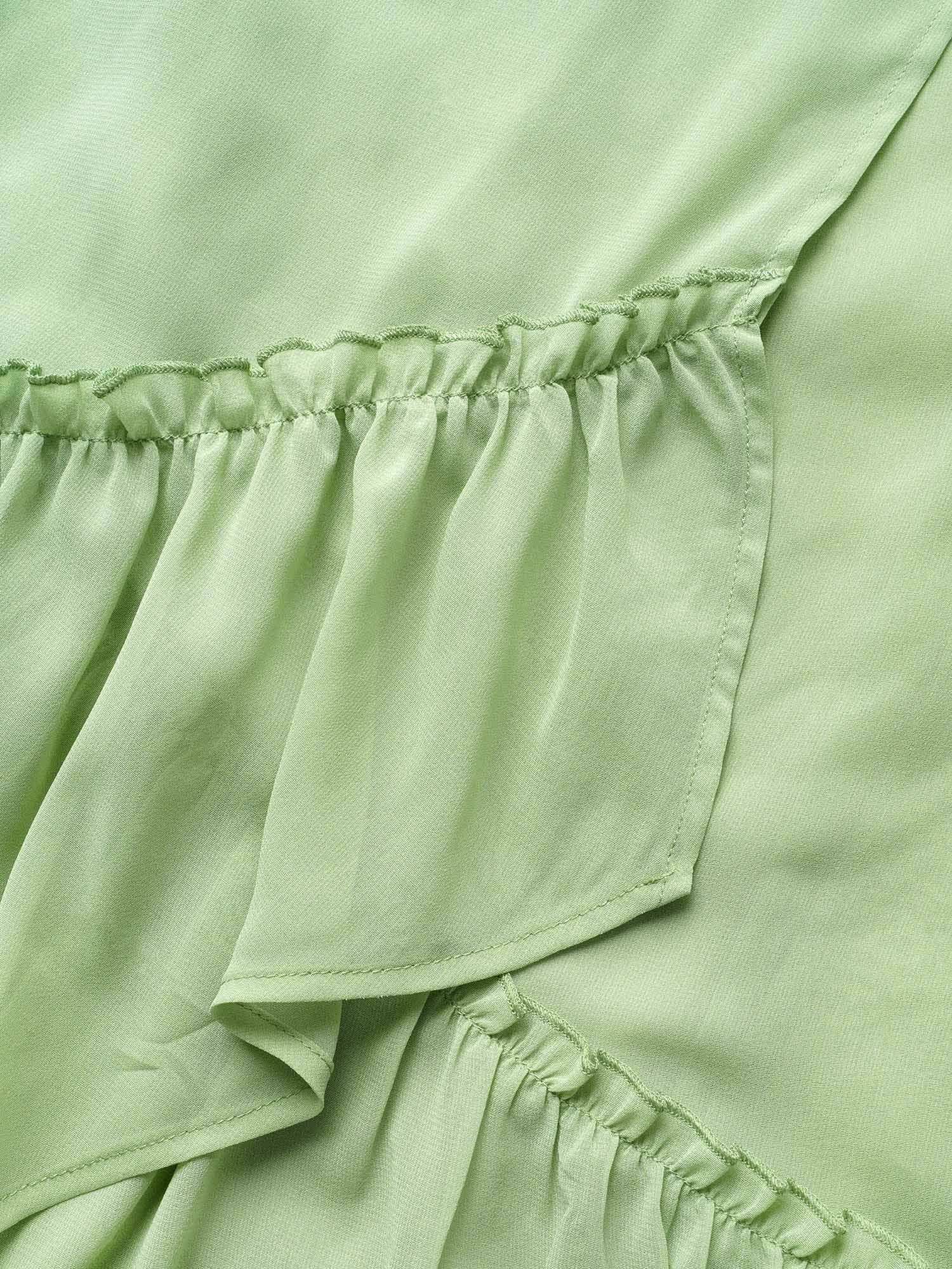 Solid Ruffles Tie Knot Tassel Trim Mesh Dress - Image 6