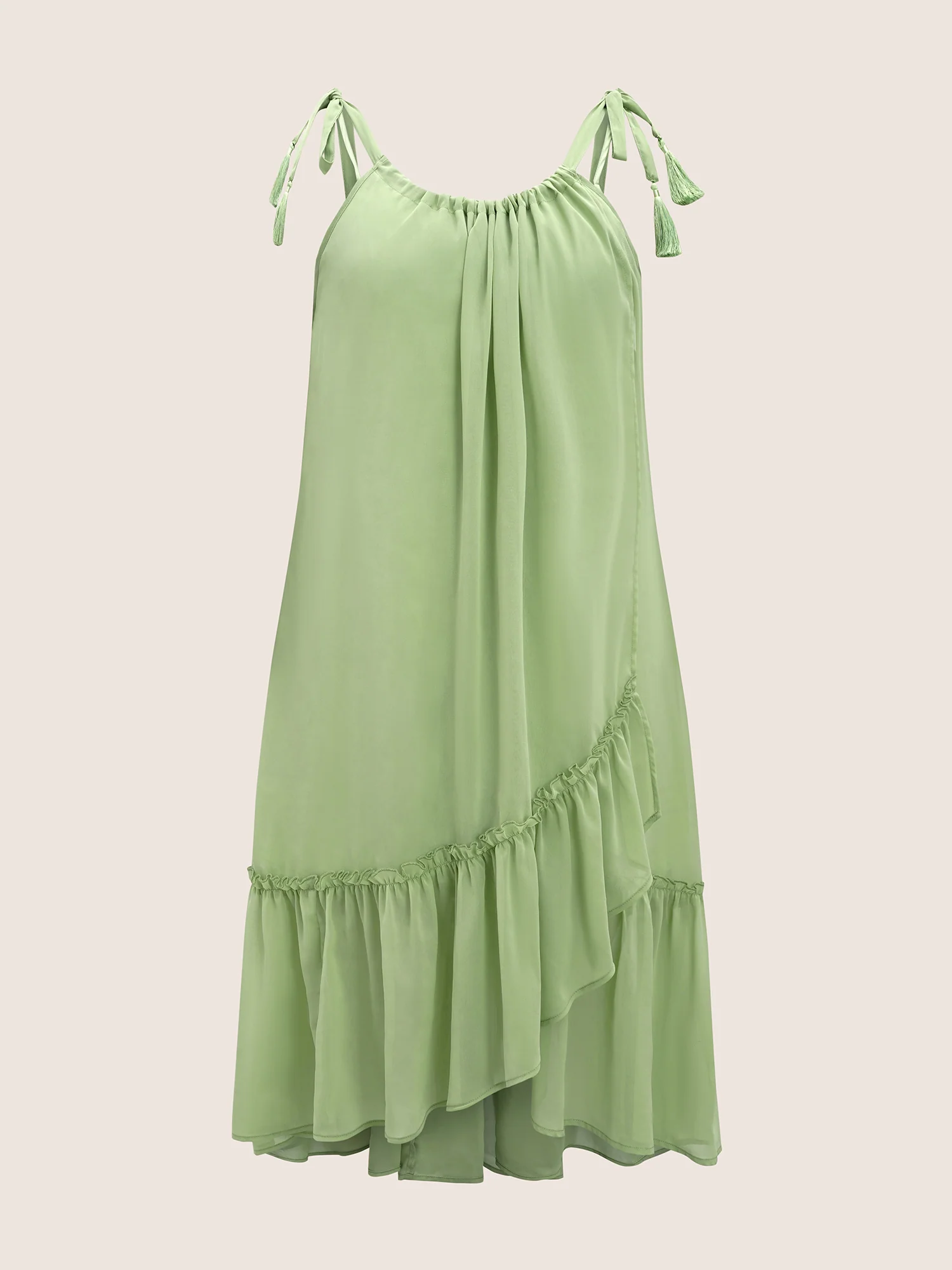 Solid Ruffles Tie Knot Tassel Trim Mesh Dress - Image 7