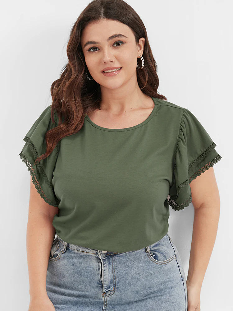 Solid Ruffles Tiered Lace Patchwork Round Neck T-shirt
