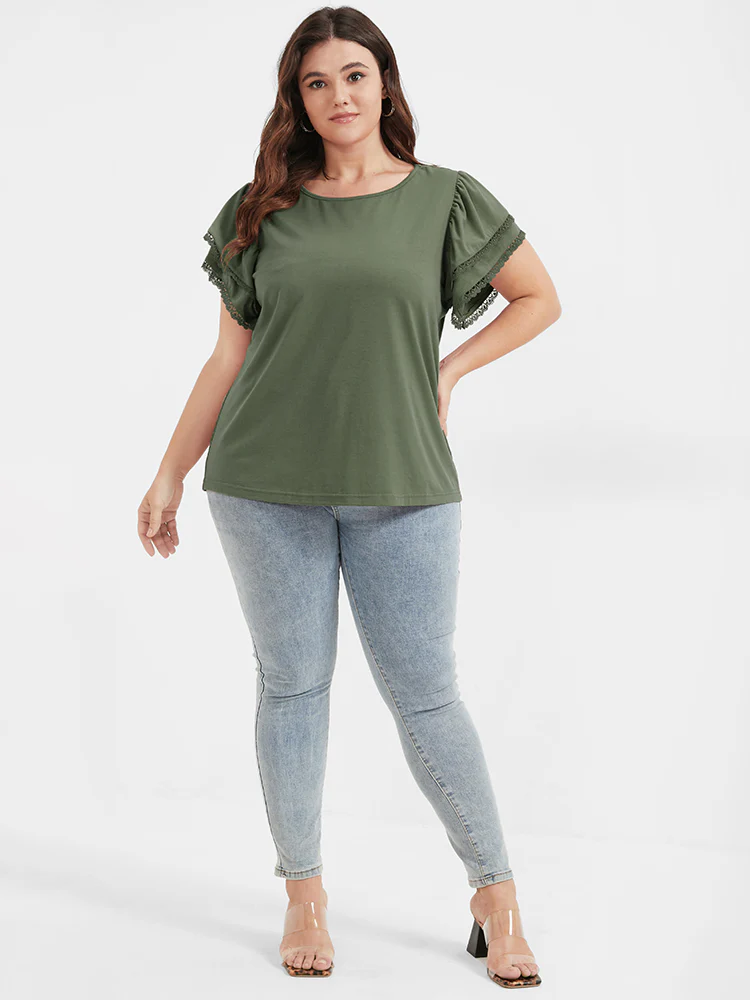 Solid Ruffles Tiered Lace Patchwork Round Neck T-shirt - Image 2