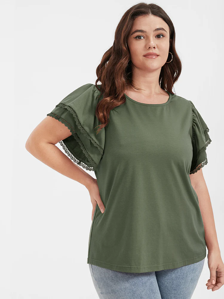 Solid Ruffles Tiered Lace Patchwork Round Neck T-shirt - Image 3