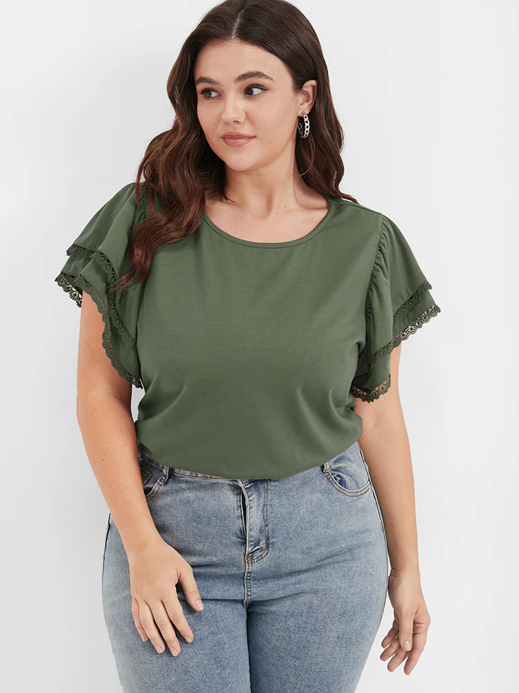 Solid Ruffles Tiered Lace Patchwork Round Neck T-shirt - Image 4