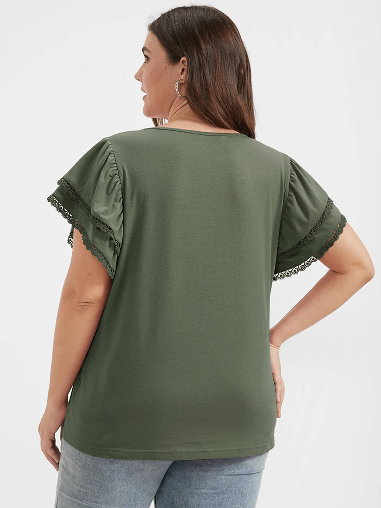 Solid Ruffles Tiered Lace Patchwork Round Neck T-shirt - Image 5