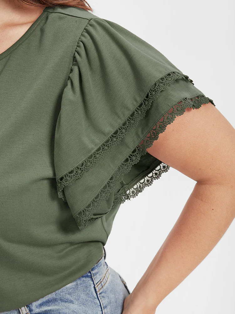 Solid Ruffles Tiered Lace Patchwork Round Neck T-shirt - Image 6