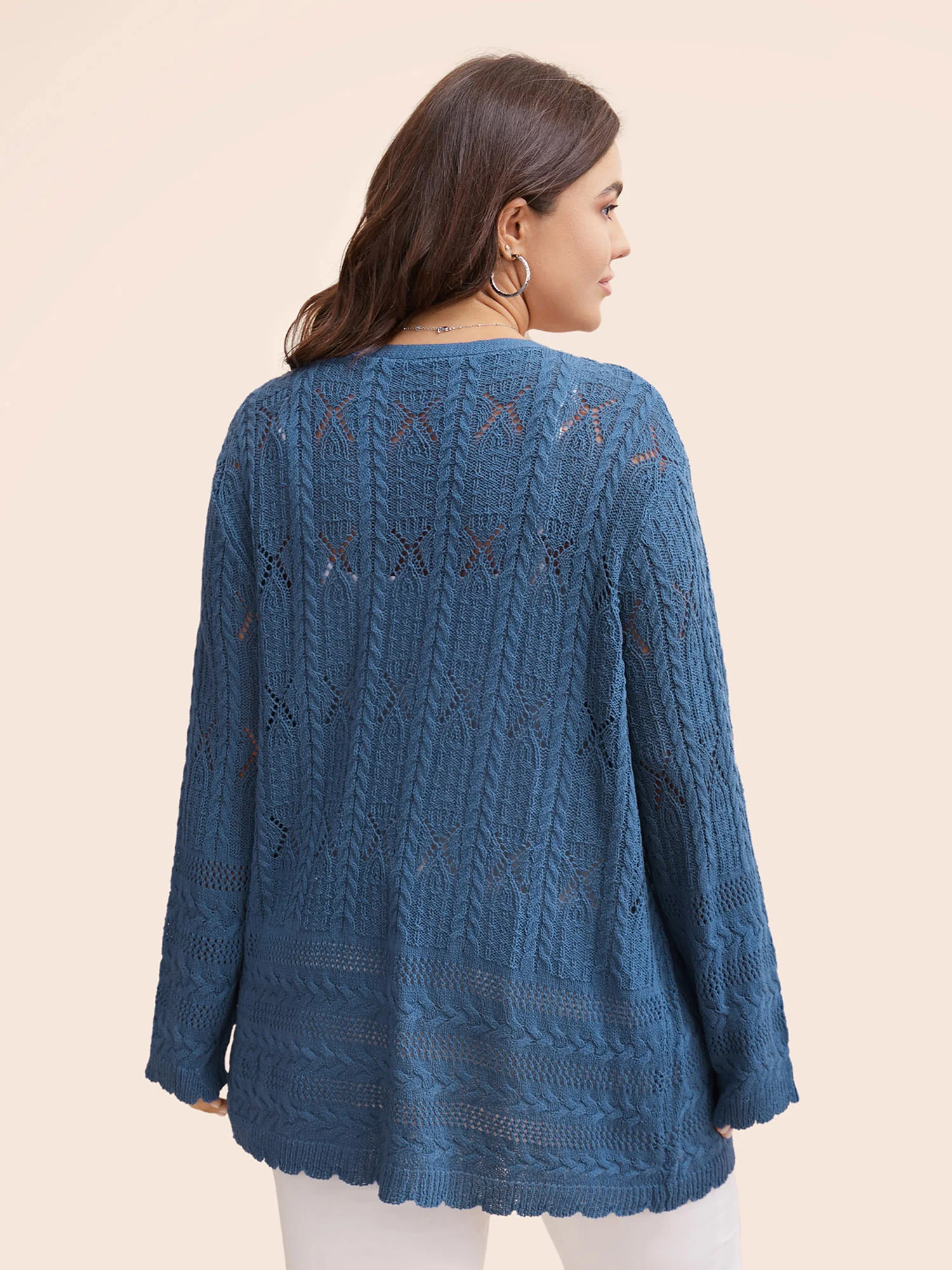 Solid Scalloped Trim Cable Knit Cardigan - Image 2