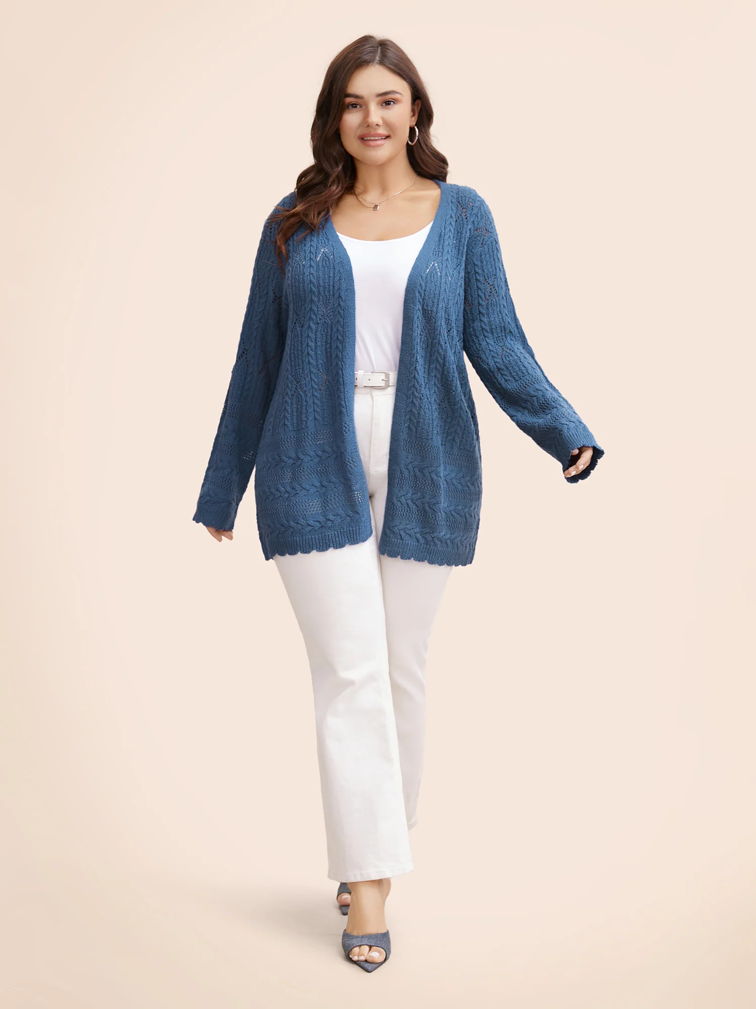Solid Scalloped Trim Cable Knit Cardigan - Image 3