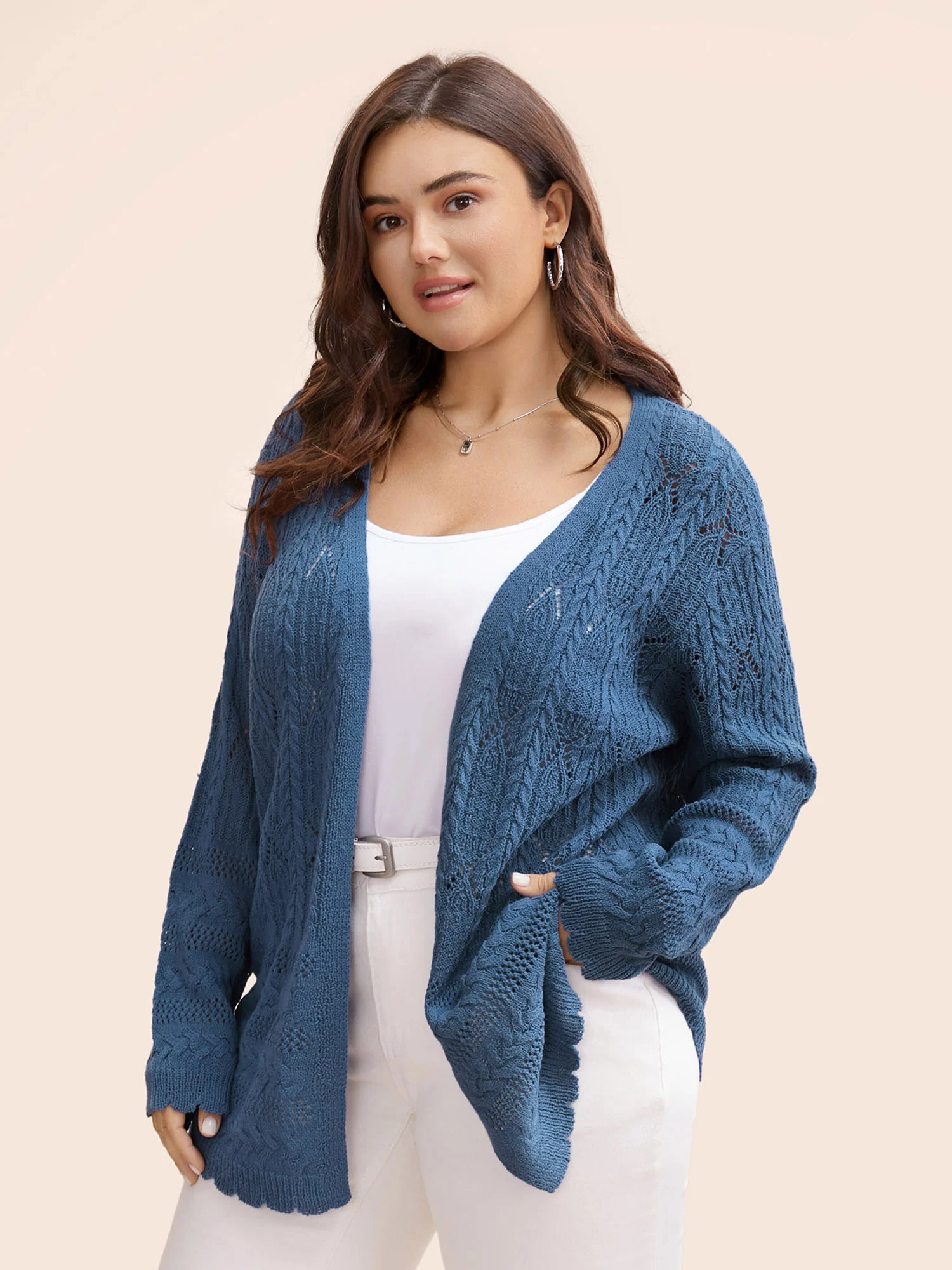 Solid Scalloped Trim Cable Knit Cardigan - Image 4