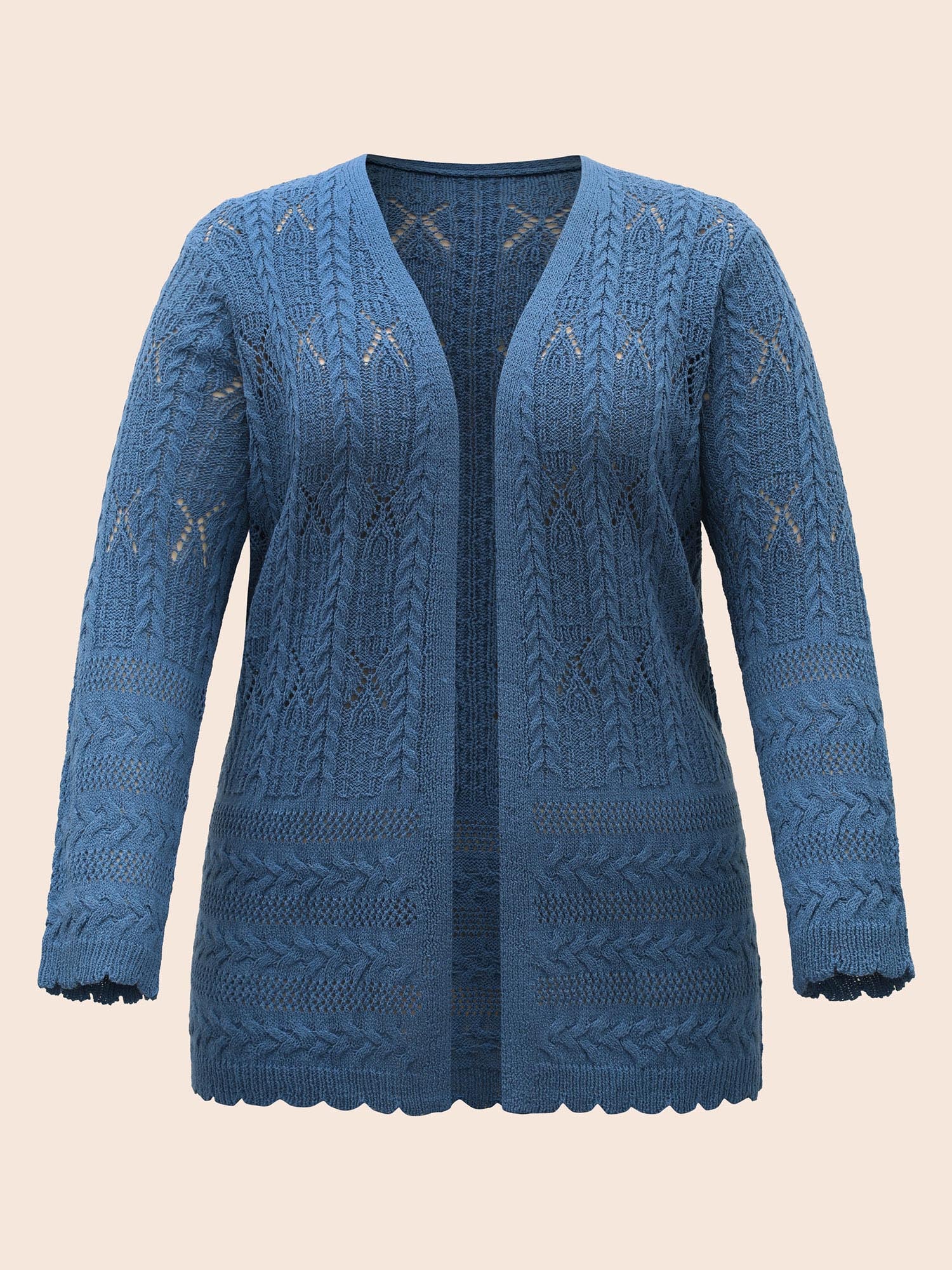 Solid Scalloped Trim Cable Knit Cardigan - Image 7