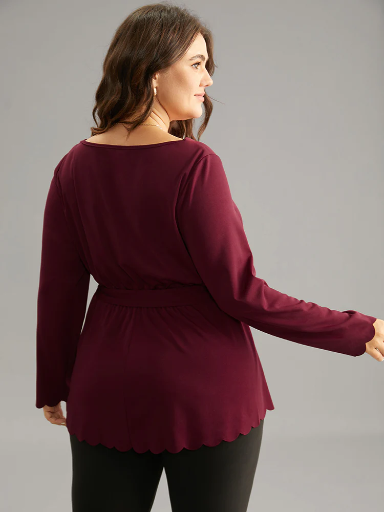 Solid Scalloped Trim Elastic Waist Belted Blouse - Image 2