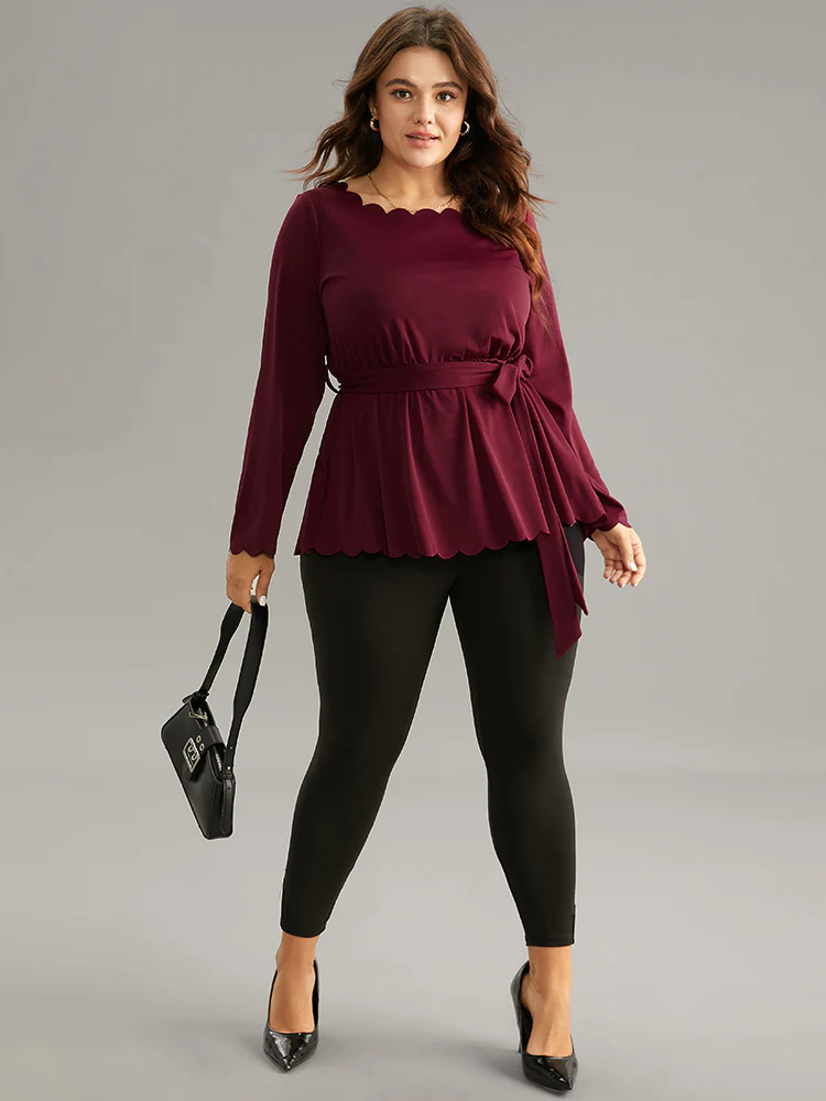 Solid Scalloped Trim Elastic Waist Belted Blouse - Image 3