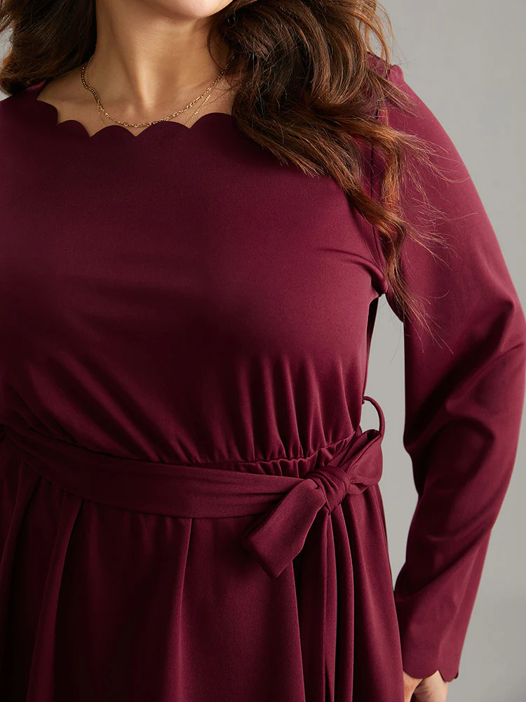 Solid Scalloped Trim Elastic Waist Belted Blouse - Image 4