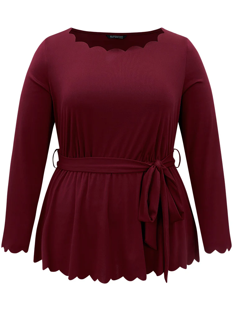 Solid Scalloped Trim Elastic Waist Belted Blouse - Image 5