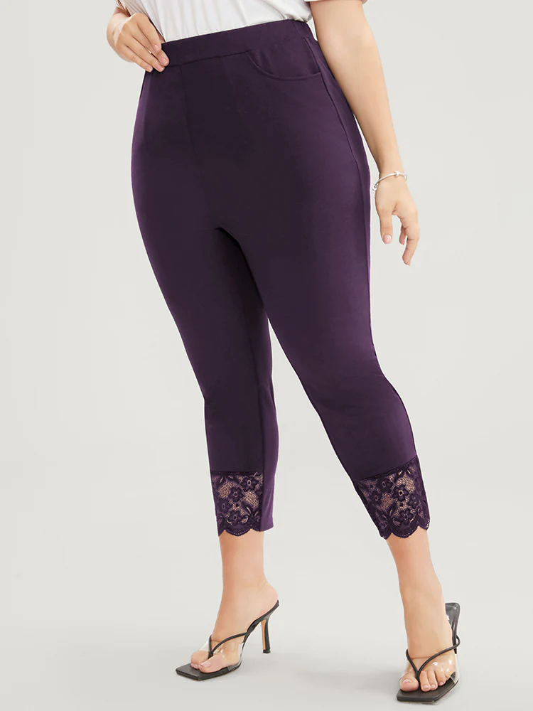 Solid Scalloped Trim Elastic Waist Pocket Lace Hem Pants - Image 2