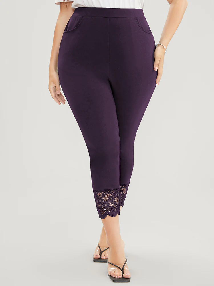Solid Scalloped Trim Elastic Waist Pocket Lace Hem Pants - Image 3