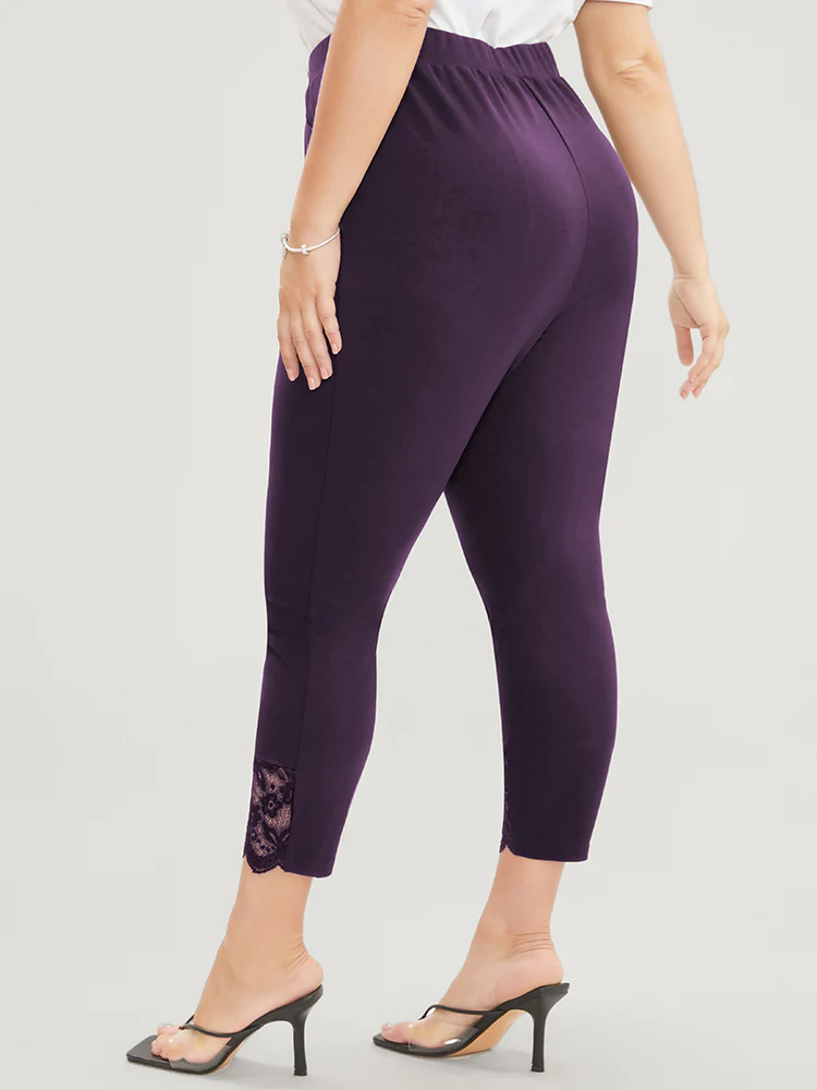 Solid Scalloped Trim Elastic Waist Pocket Lace Hem Pants - Image 4