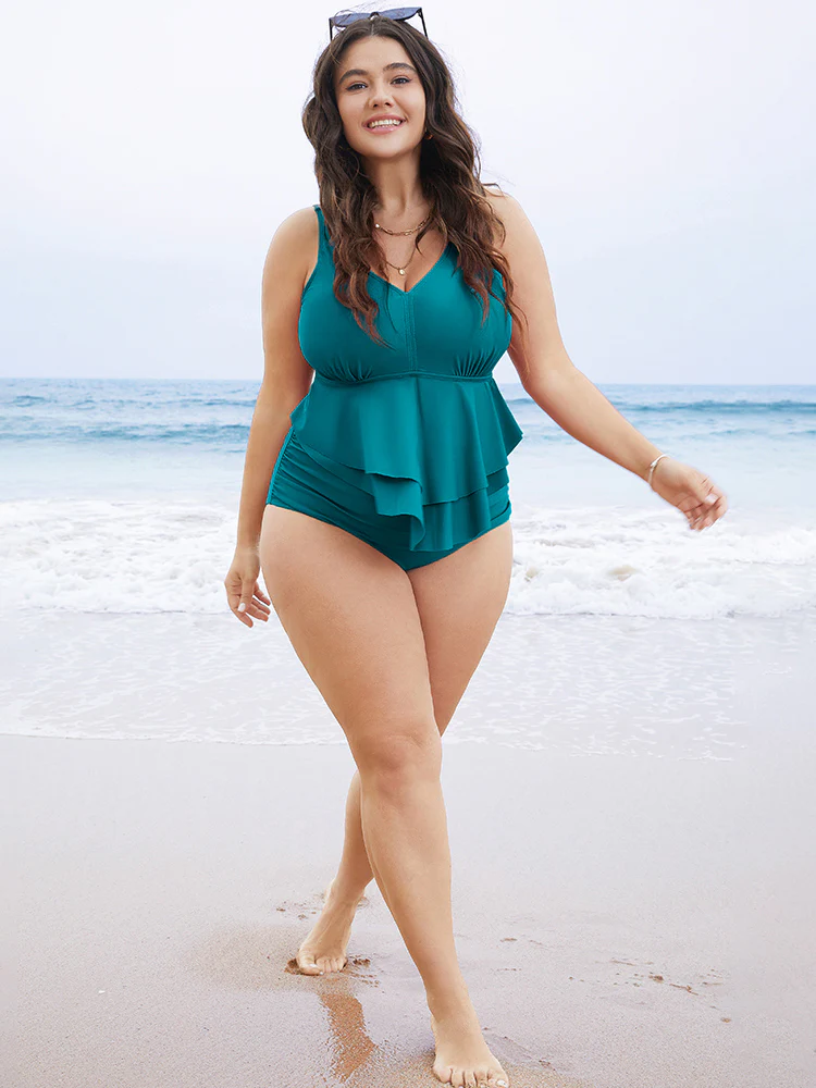 Solid Sculpt Waist Patchwork Ruffle Tiered One Piece Swimsuit - Image 16