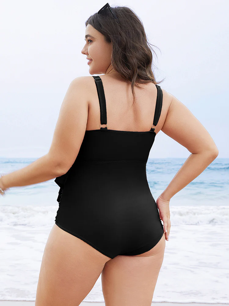 Solid Sculpt Waist Patchwork Ruffle Tiered One Piece Swimsuit - Image 2