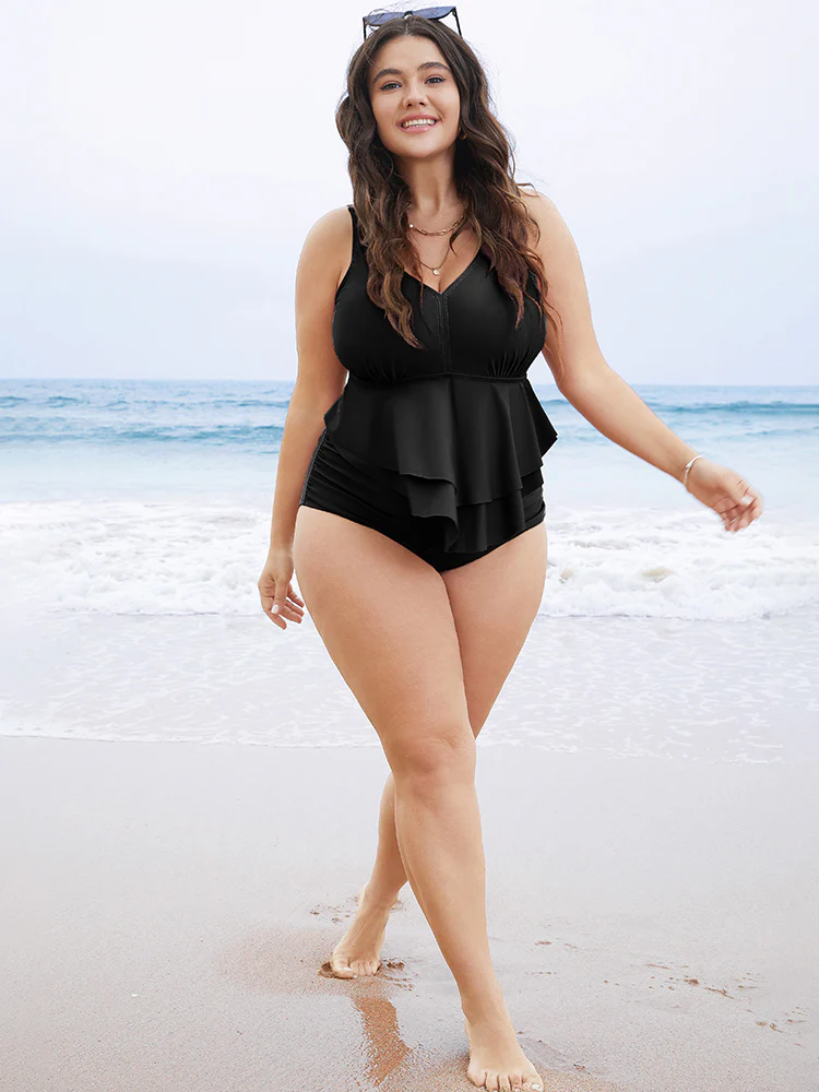 Solid Sculpt Waist Patchwork Ruffle Tiered One Piece Swimsuit - Image 4